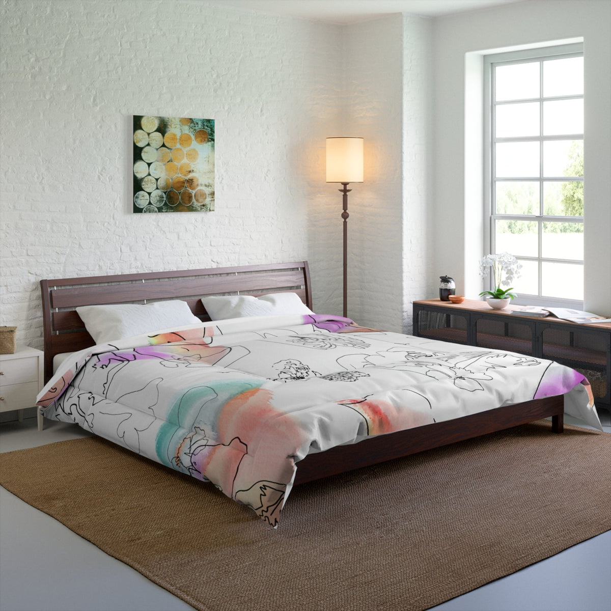 Flutter Comforter with Madeline LeBlanc hand-drawn artwork on a made bed
