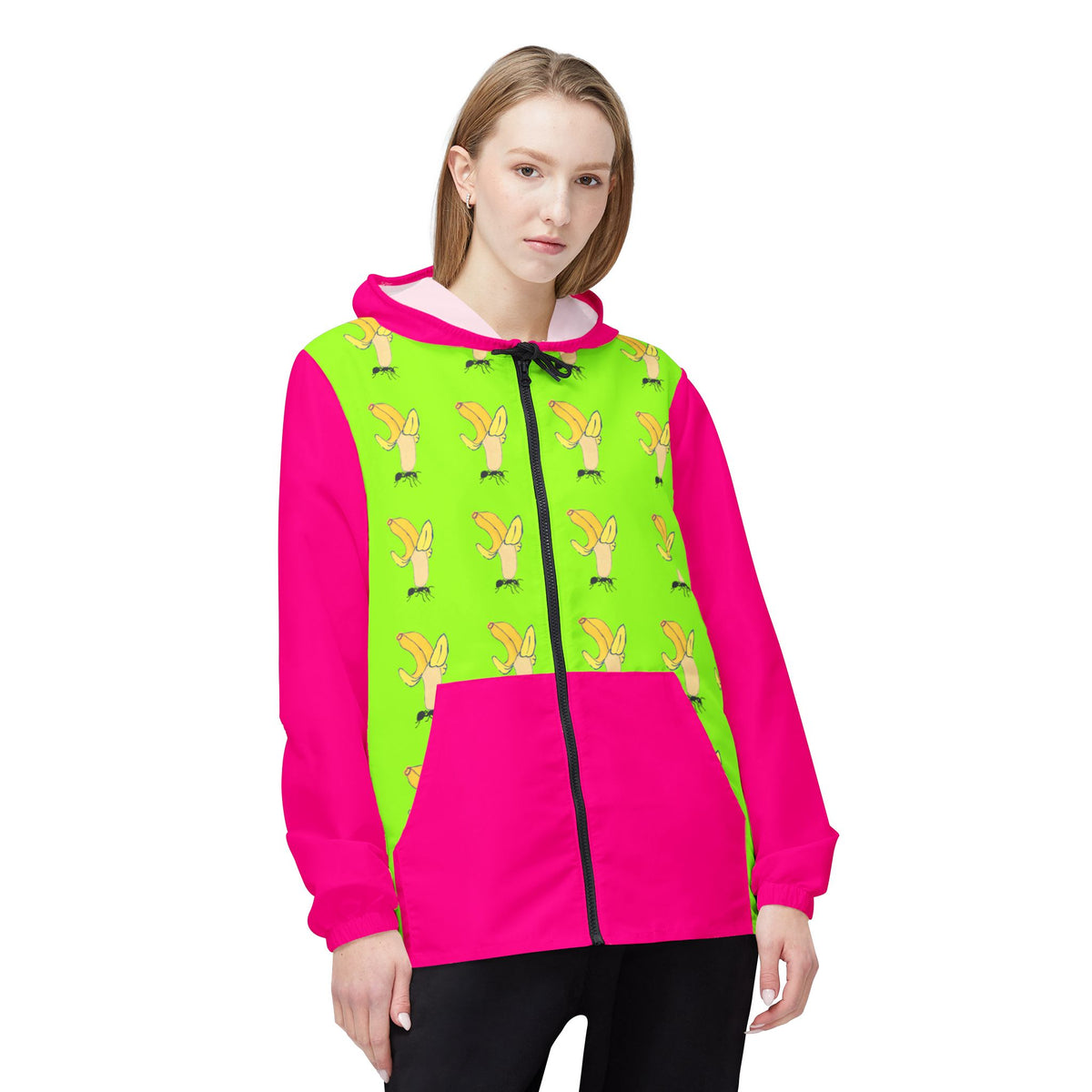 Banana Ant Windbreaker Jacket (AOP) product image - artwork by Madeline LeBlanc / Making Madi