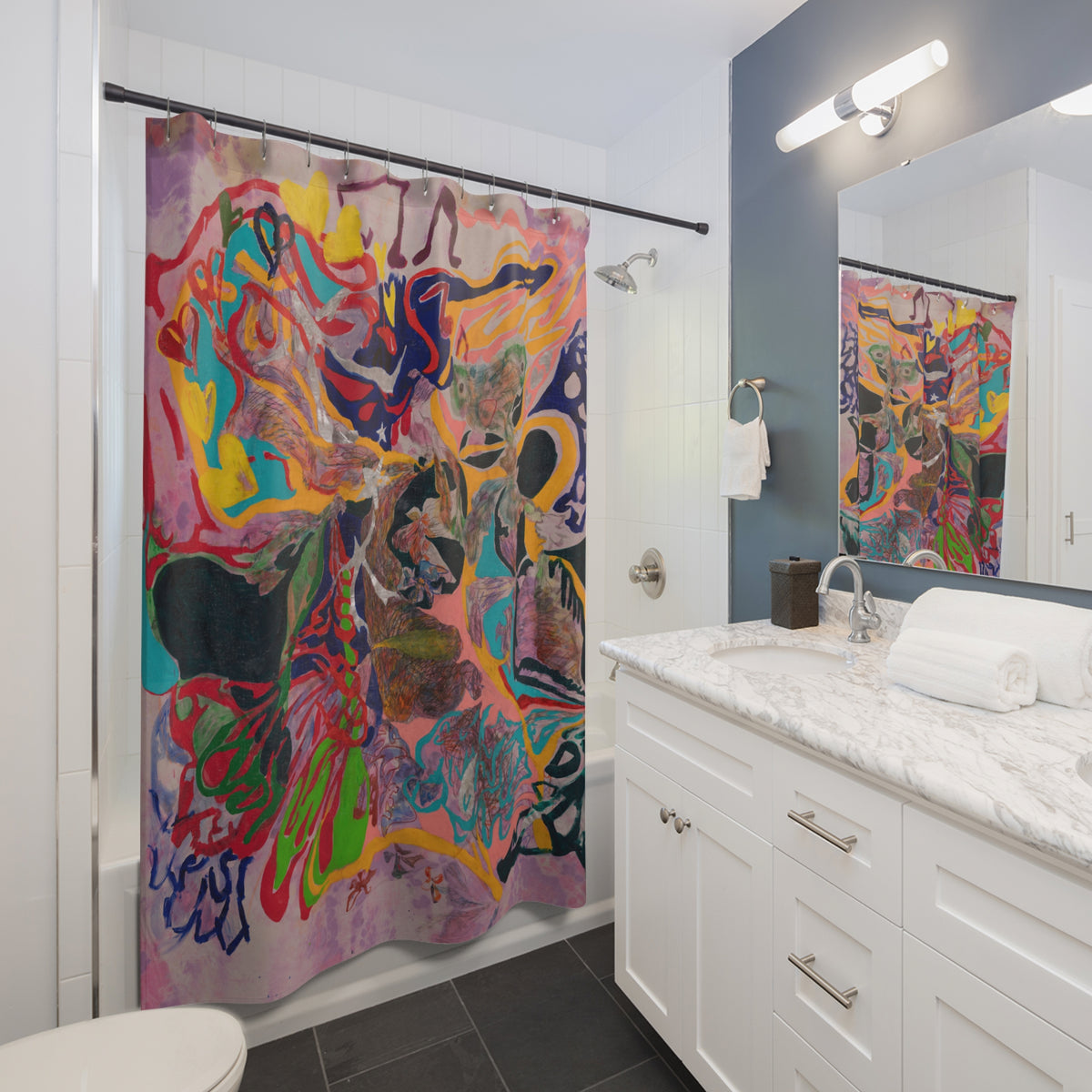 Mantis Mania Shower Curtain product image - artwork by Madeline LeBlanc / Making Madi