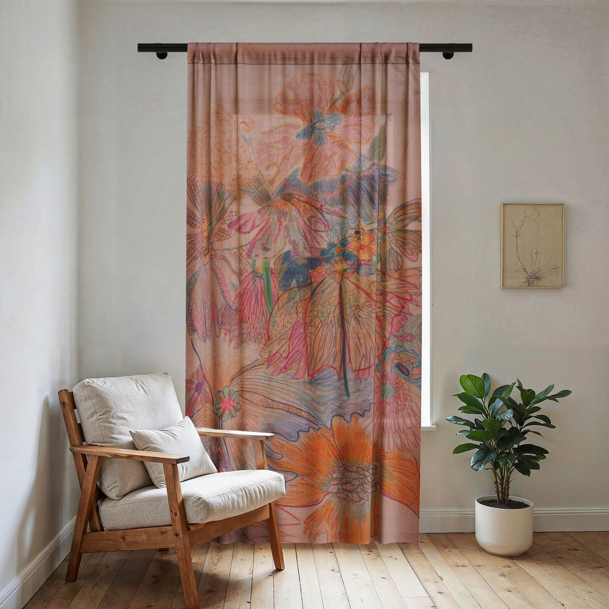 Fly on the Gerbera Daisy Sheer Curtain — original artwork by Madeline LeBlanc